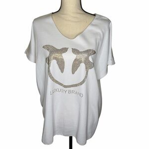 White Short-Sleeve V-Neck Top with Gold Accent